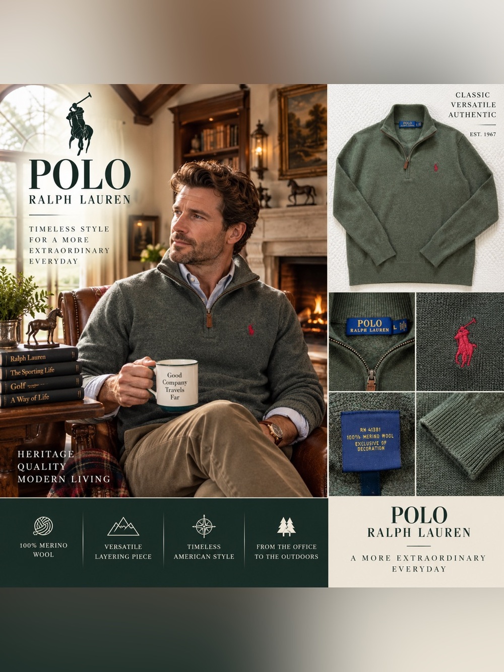 Ralph Lauren Men's Olive Green Half-Zip Sweater with Red Pony